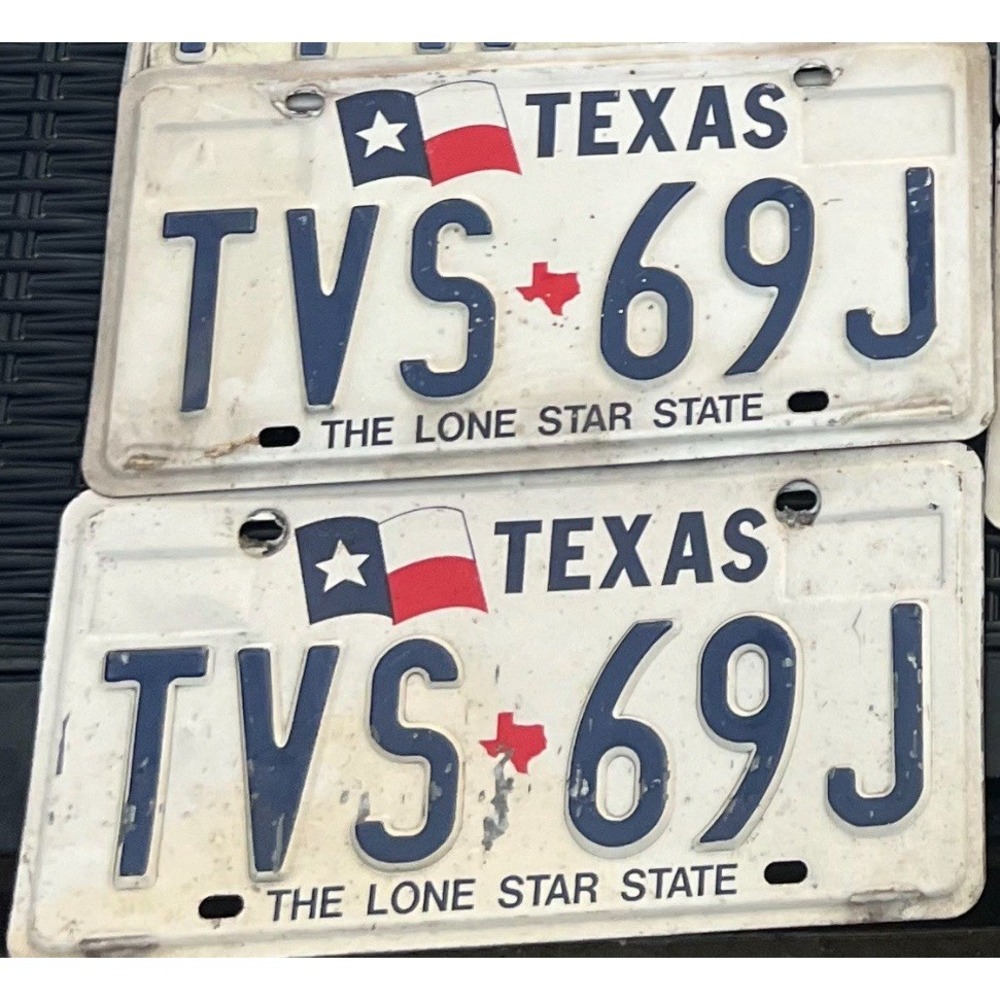 VTG Texas License Plates Pair Plate # TVS 69J 1994 Texas Flag Garage Bar Decor
